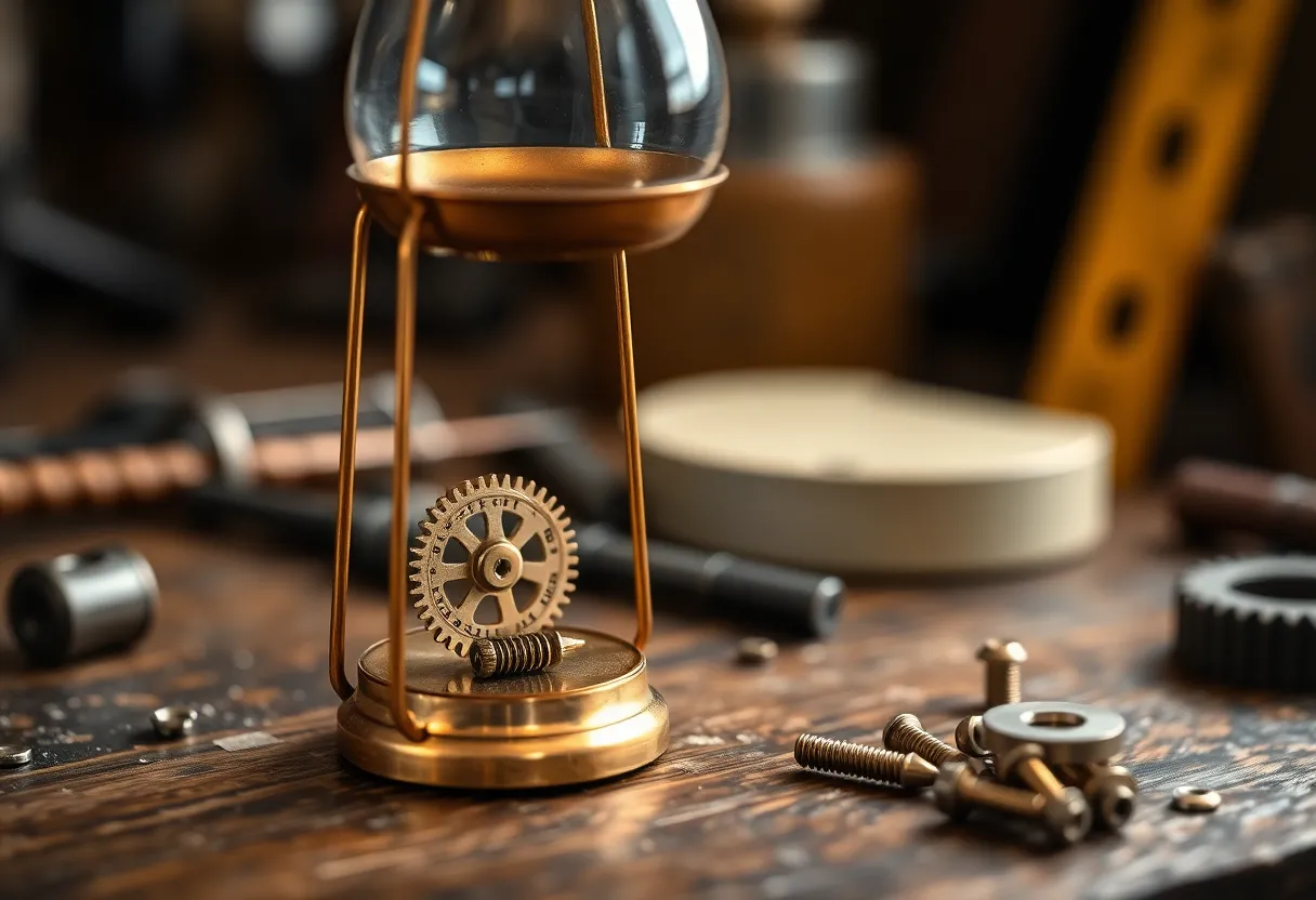 Small brass balance scale weighing a tiny gear beside loose screws on a workbench