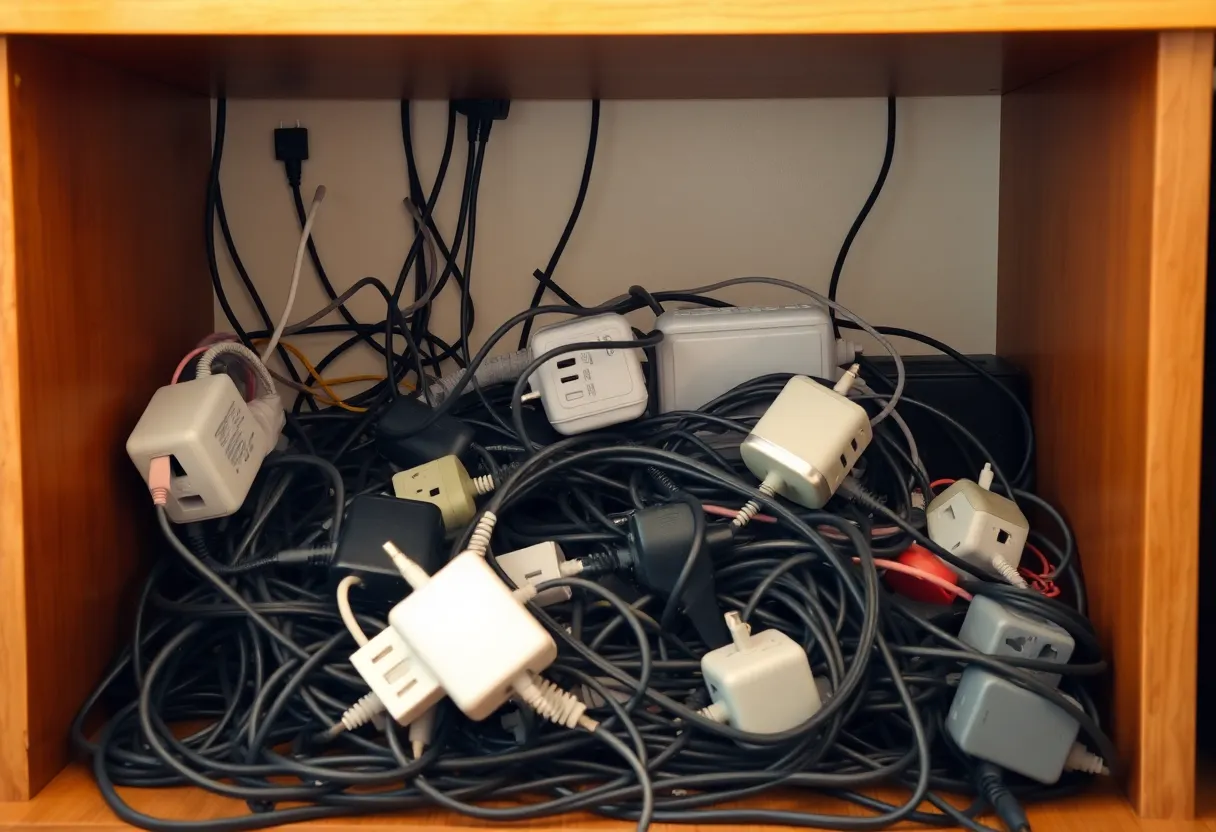 Tangle of power strips and cables piled inside a wooden cabinet