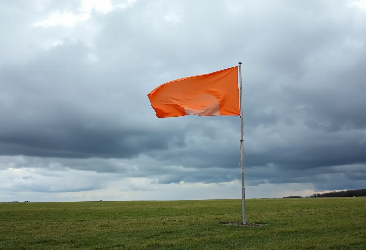 Orange flag on a metal pole blowing in strong wind over a flat grass field