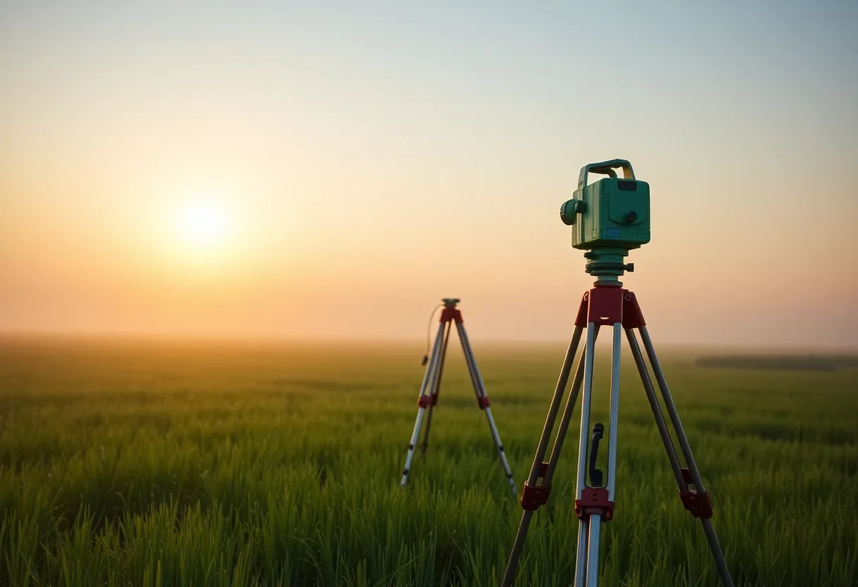 Surveyor's tripod and instrument set up in a green field at dawn