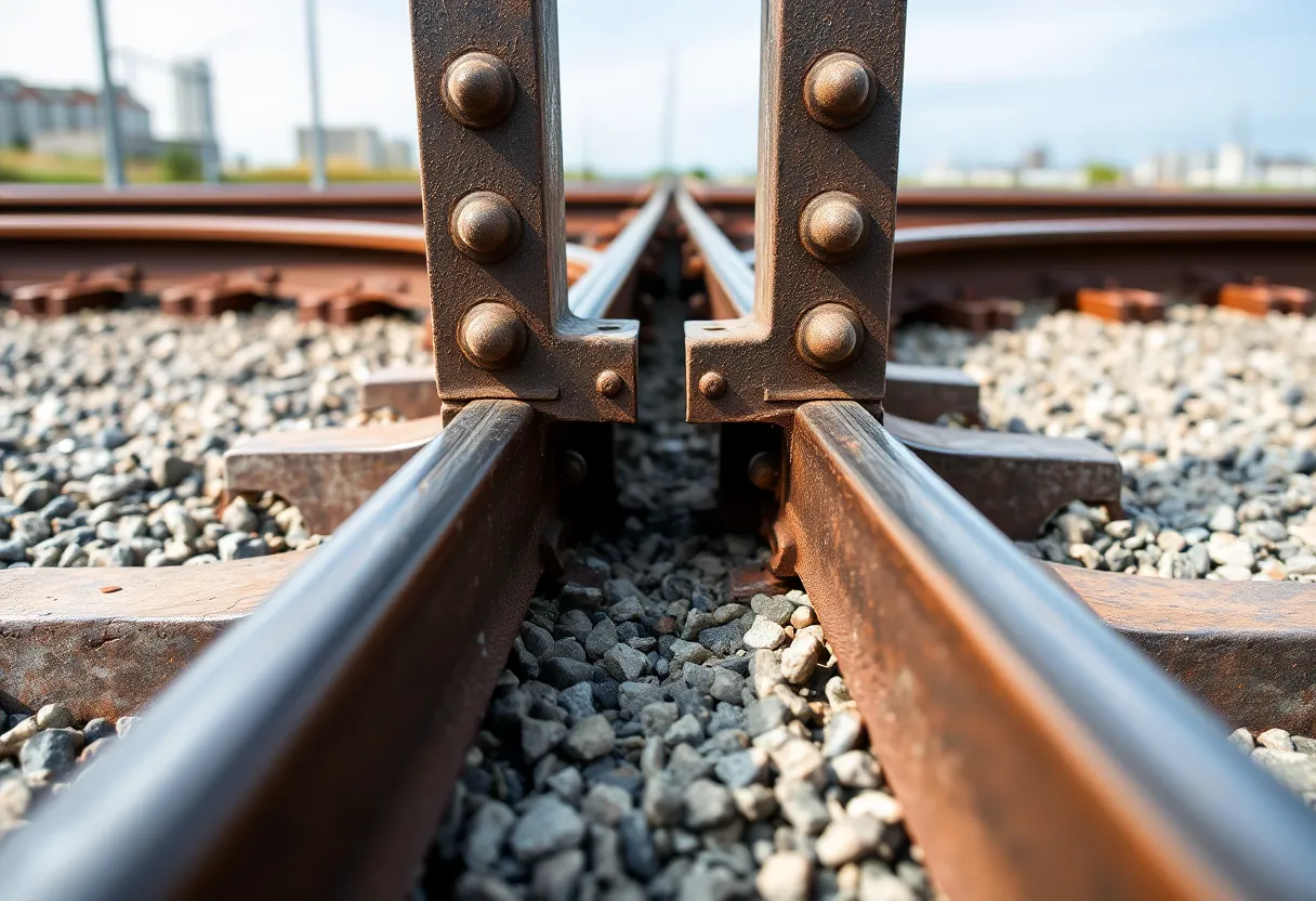 Two steel rail sections meeting at a joint with a visible offset on a gravel bed