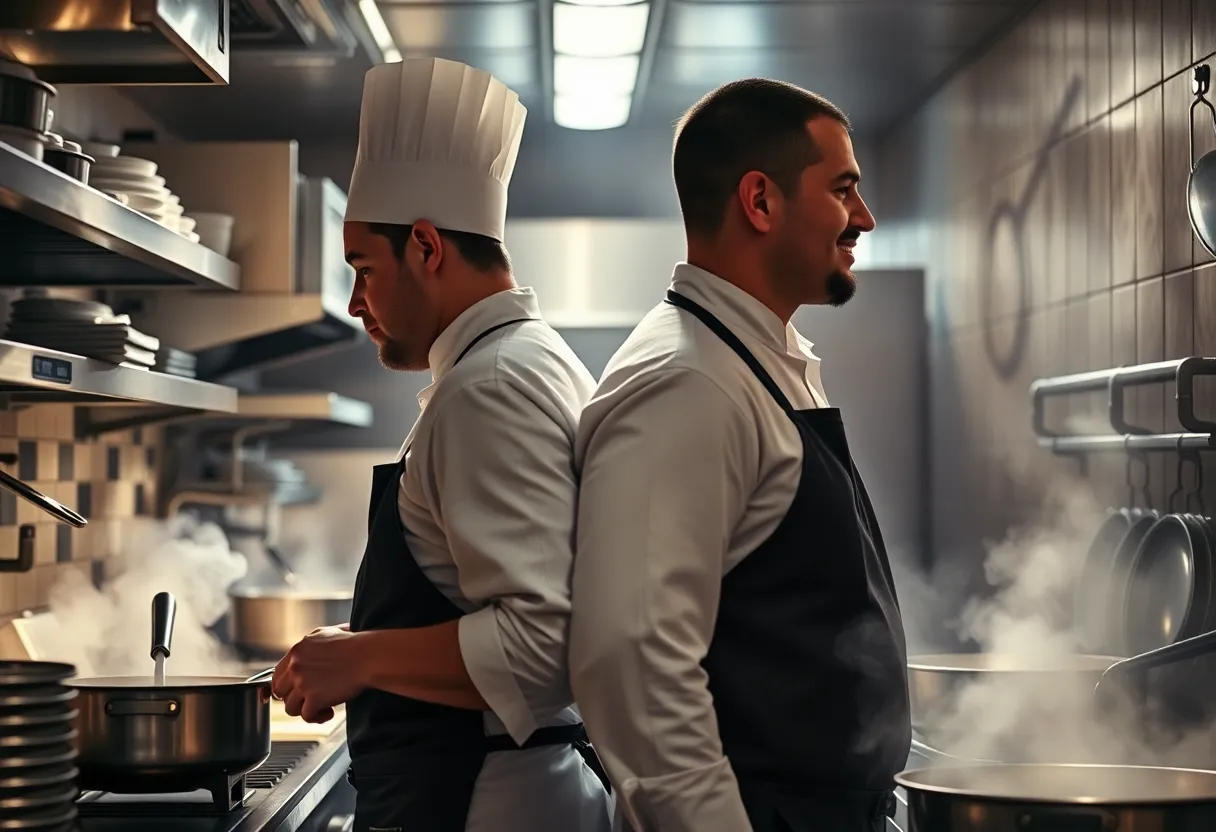 Two chefs working back to back in a narrow steamy restaurant kitchen