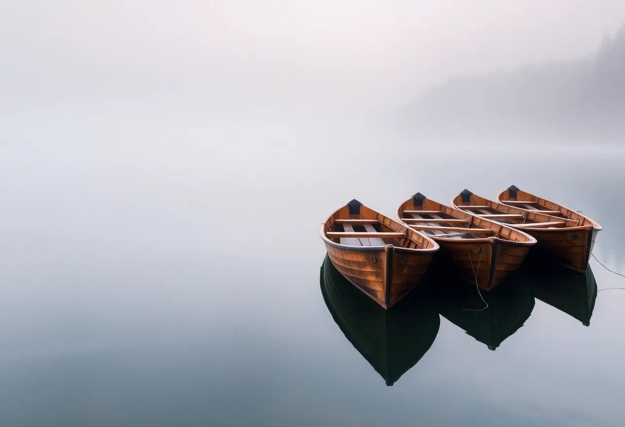Four wooden rowing boats moored side by side on a still, misty lake