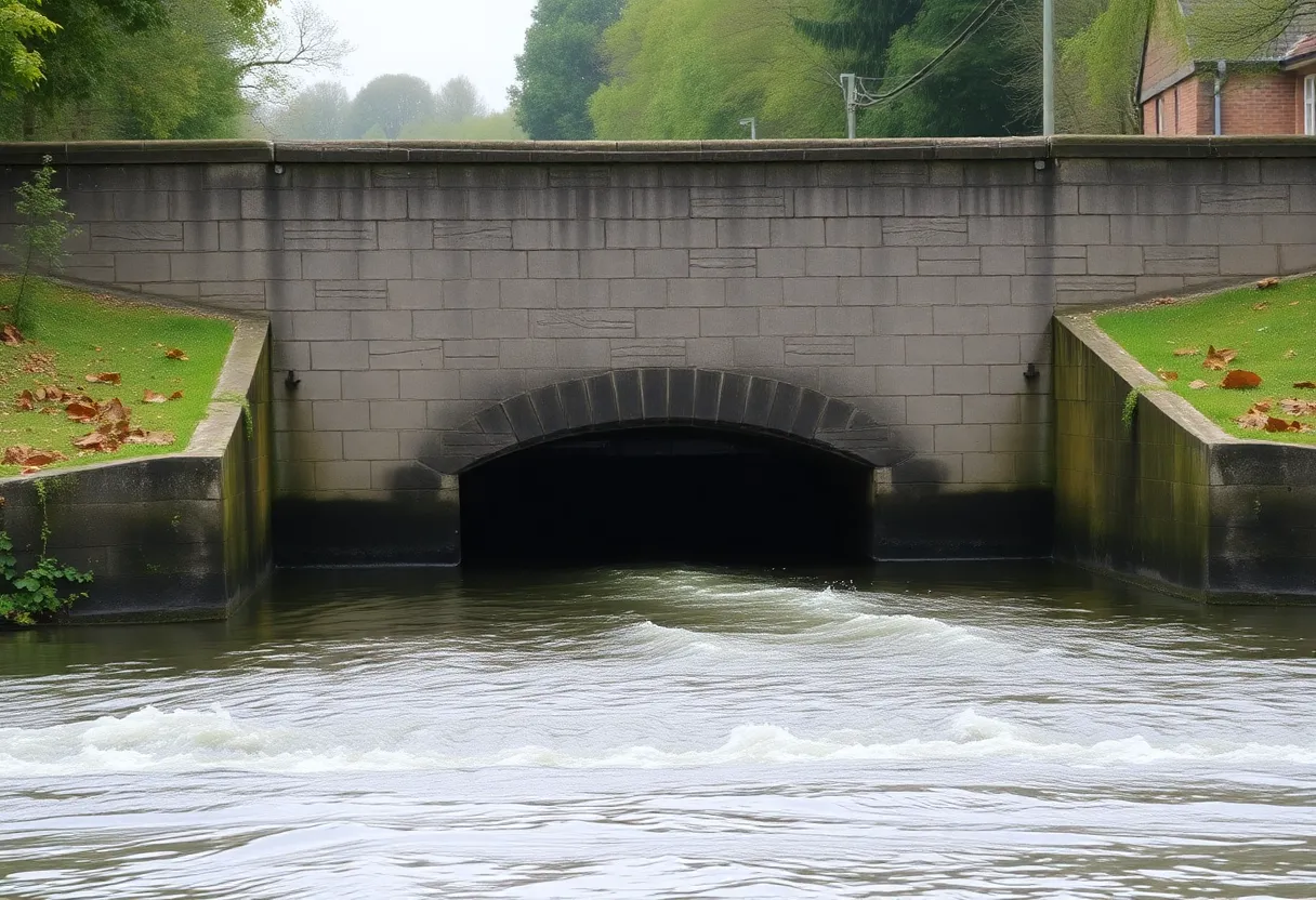 Water flowing through the arched opening of a stone river sluice