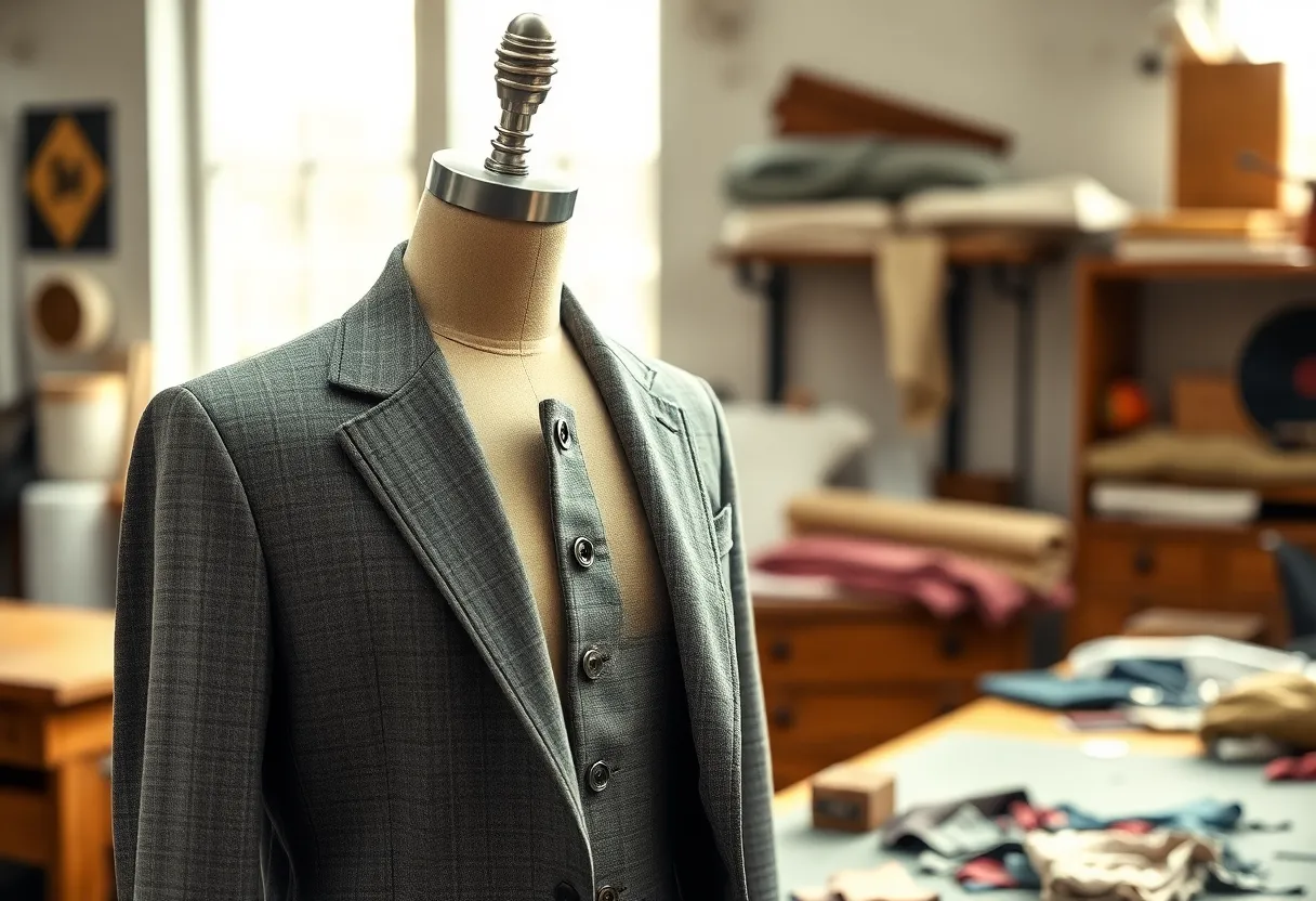Tailor's mannequin wearing a half-finished jacket in a workshop