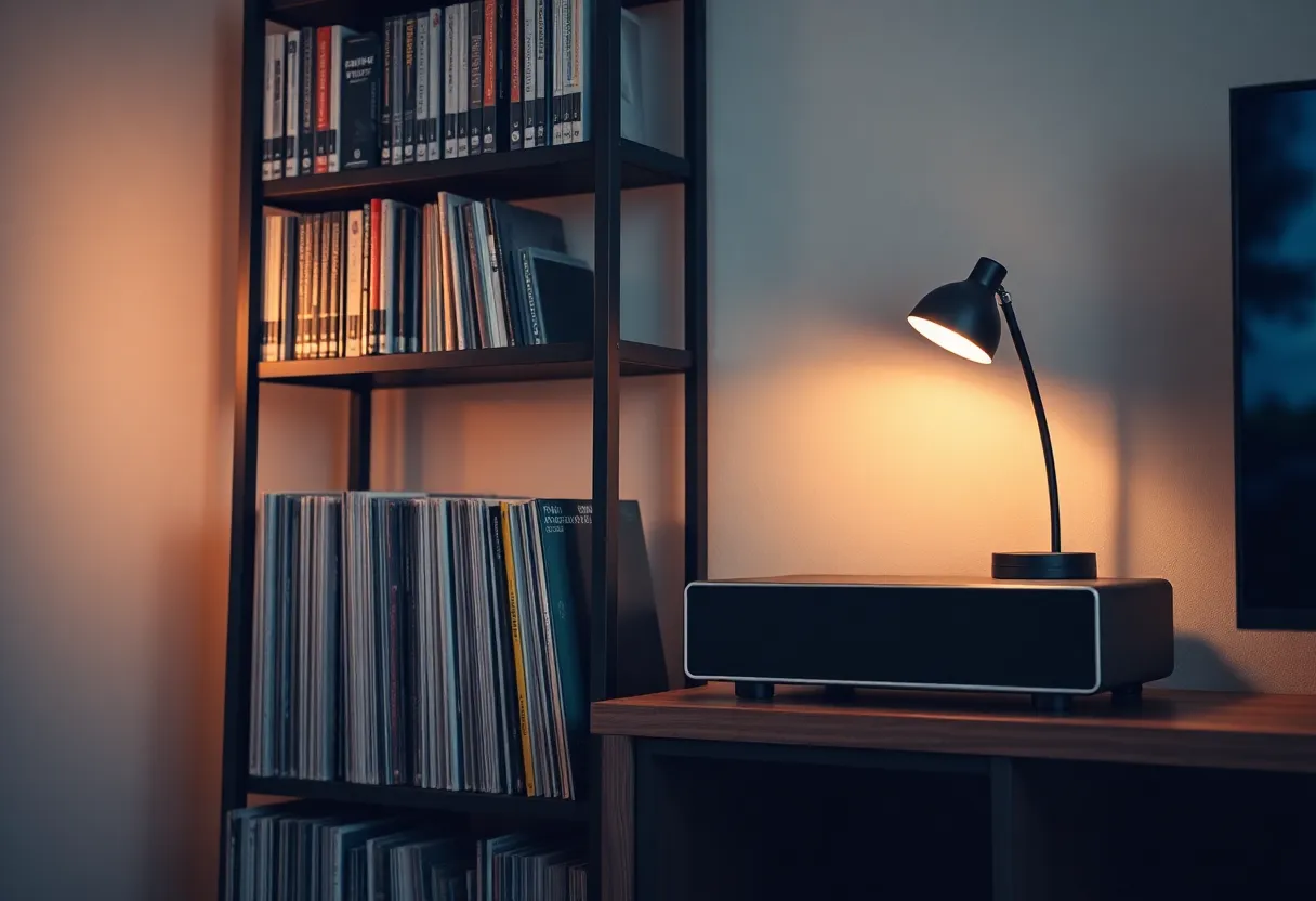 Record shelf and a homelab media server, warm room light