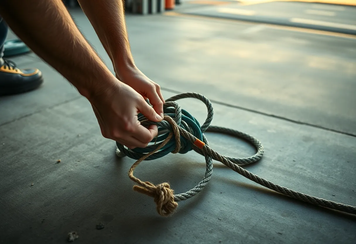 Hands working loose a tangled knot of rope and hose on a concrete garage floor