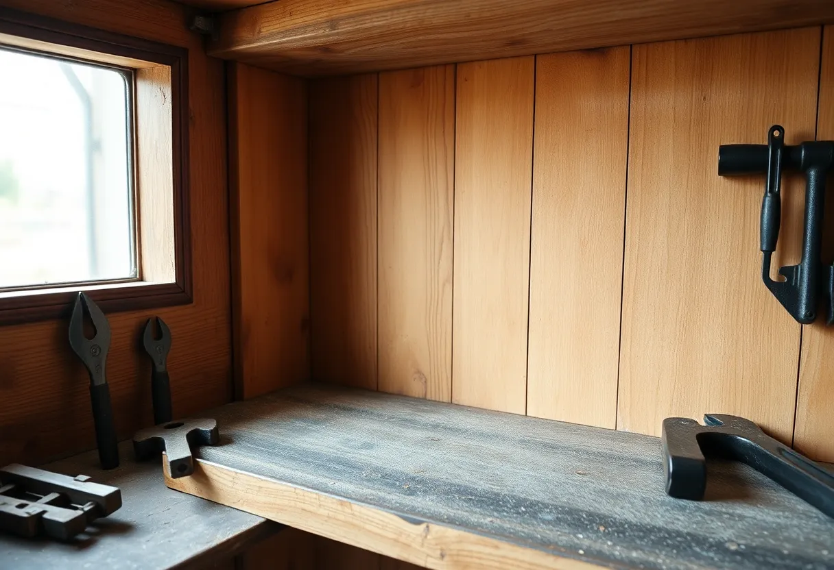 A dusty empty workshop shelf with a few hand tools set aside next to the gap