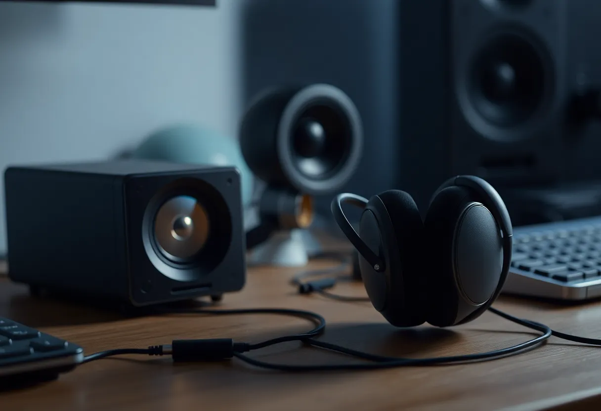 Headphones on a desk next to a small media PC, evening