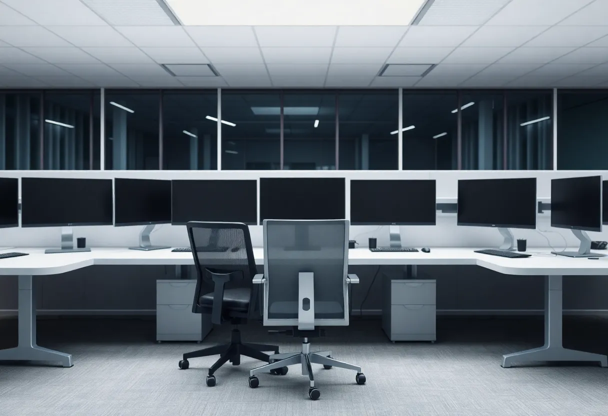 Empty office chair facing a wide desk with monitors