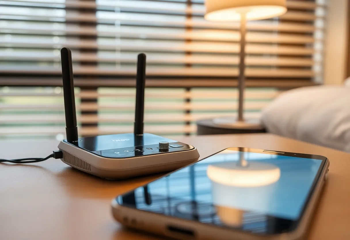Travel router and phone on a hotel desk behind half-closed blinds