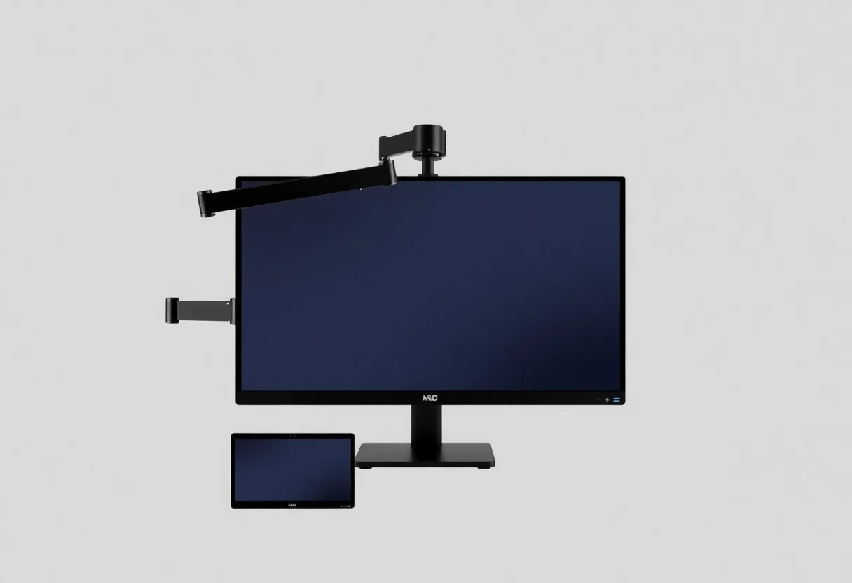 Monitor arm holding a smaller screen below a main display