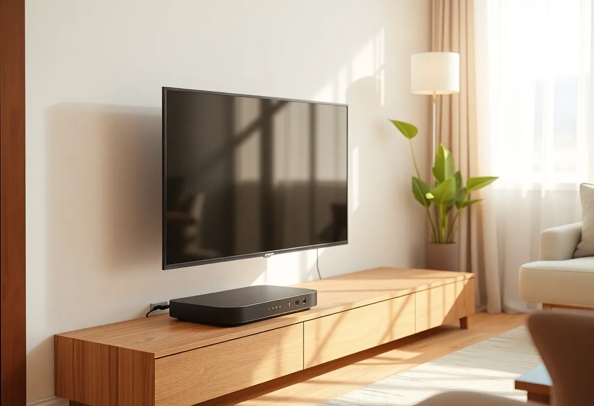 Apartment living room with a TV box and a USB radio on a desk