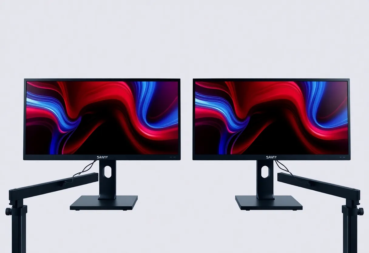 Two matching monitors side by side on desk arms