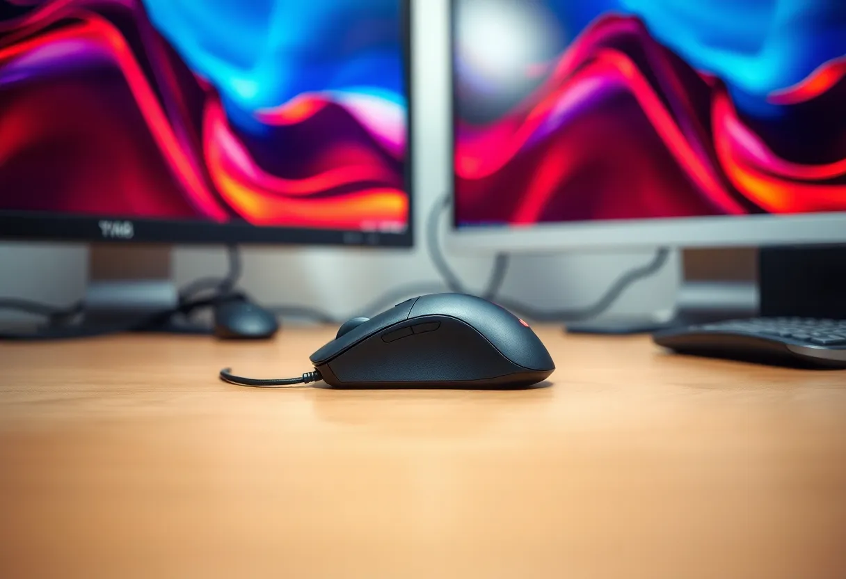 Computer mouse on a desk in front of two monitors
