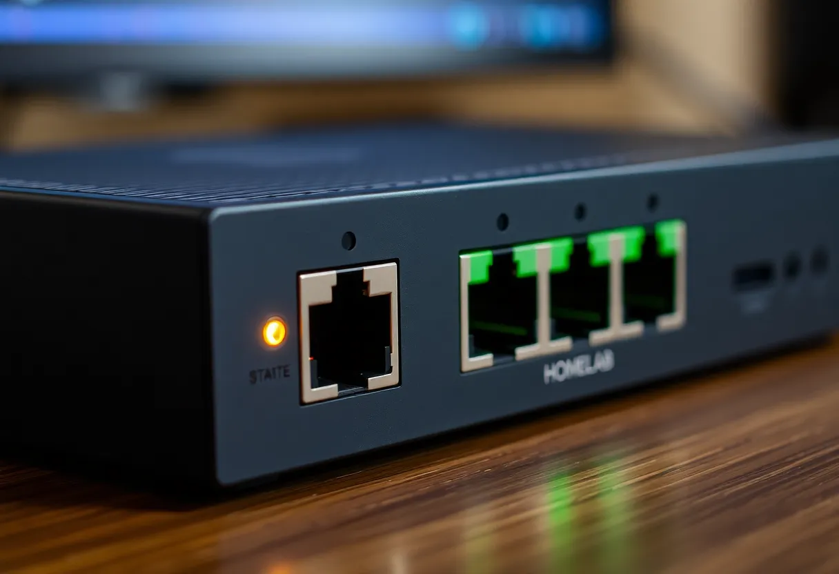 Homelab mini PC and switch with one port still amber while the others are green