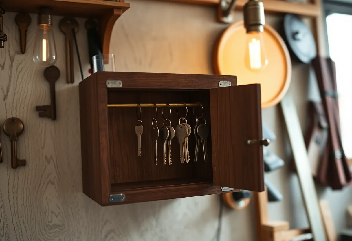 Small wooden key cabinet on a workshop wall with keys hanging inside
