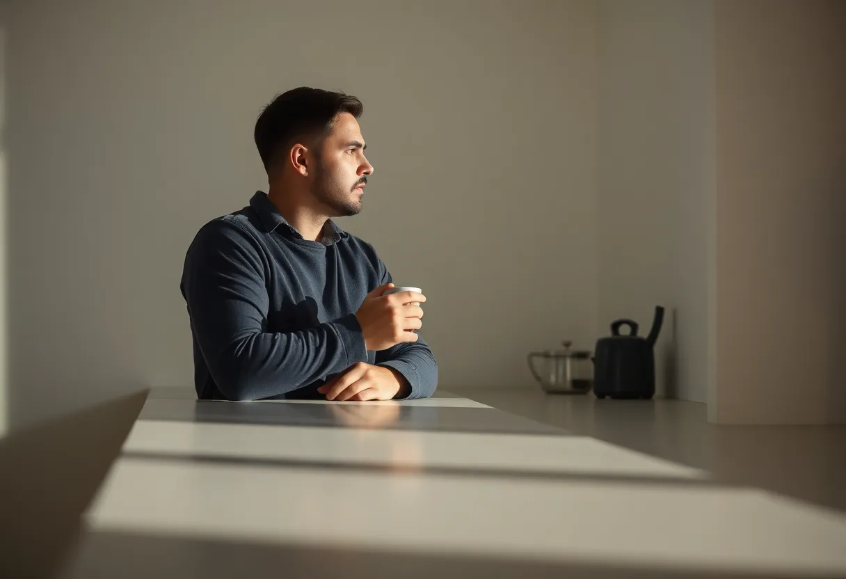 Man at a kitchen counter holding a mug and looking out of a window