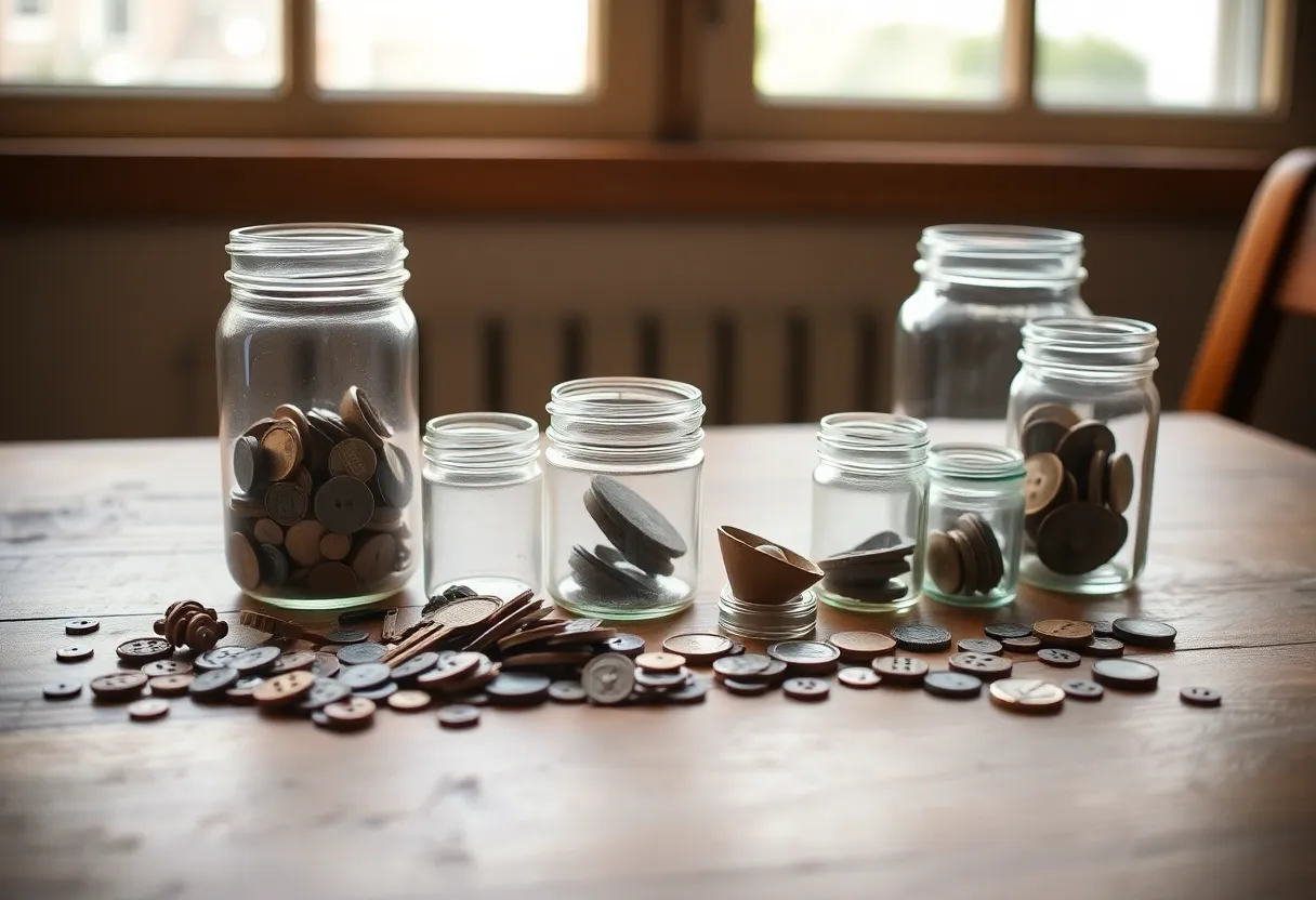 Buttons and coins sorted into mismatched glass jars on a kitchen table