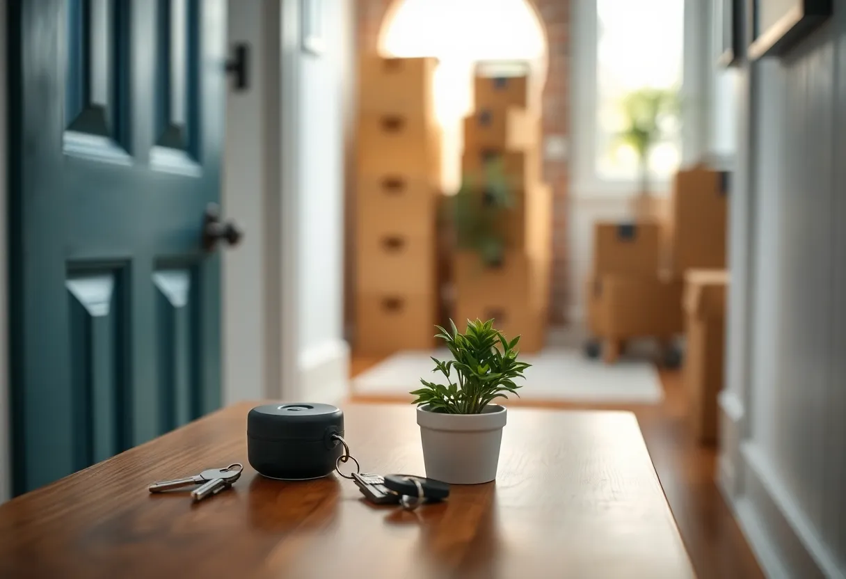 Keys and a small plant on a hallway table with moving boxes behind