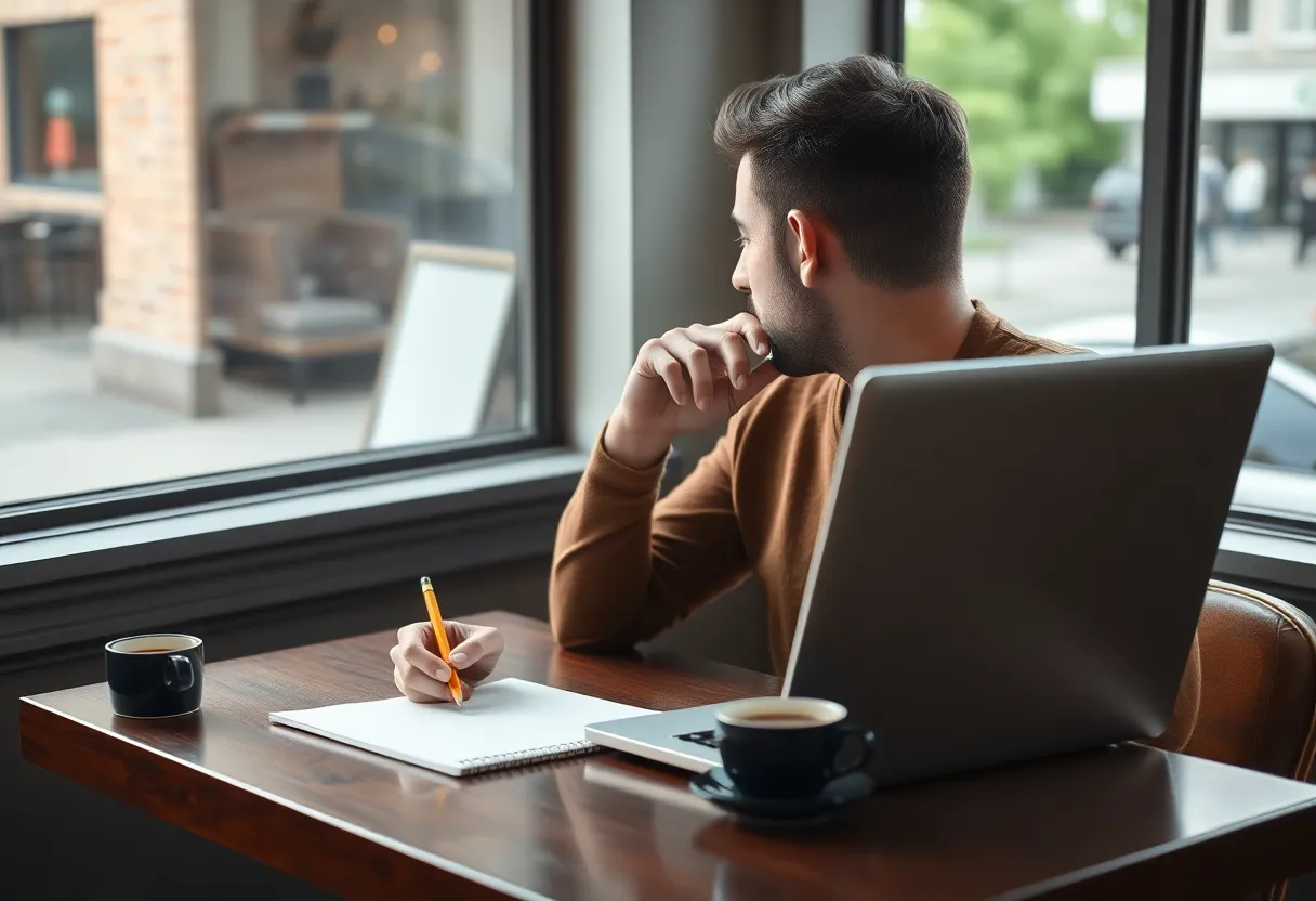 Developer at a cafe table thinking over a blank notepad