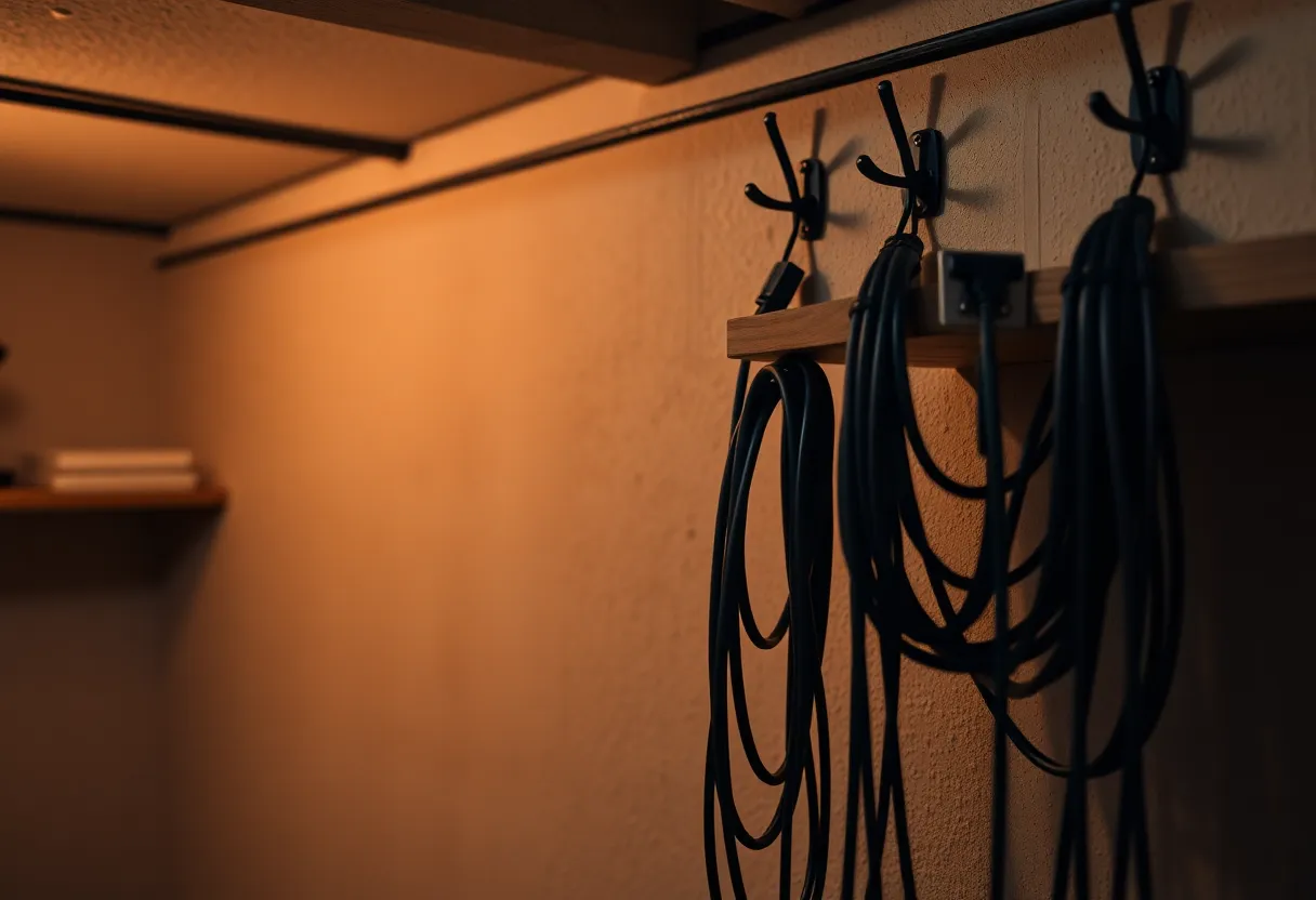 Coiled network cables hanging on hooks beside a basement shelf