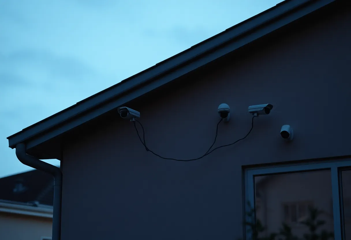 Four small outdoor cameras mounted under the eaves of a house at dusk
