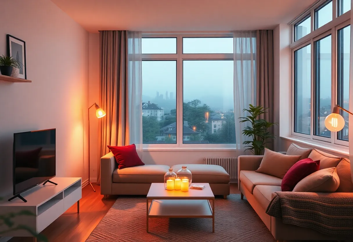 Small apartment living room in the evening with three warm bulbs on