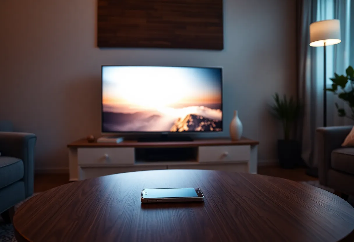 A television and a phone on a coffee table in a small living room