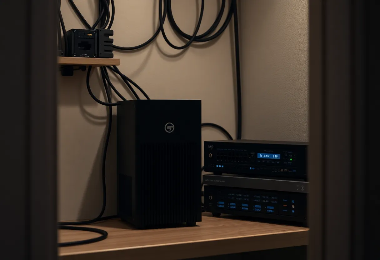 A small fanless computer next to a fiber modem in an apartment closet