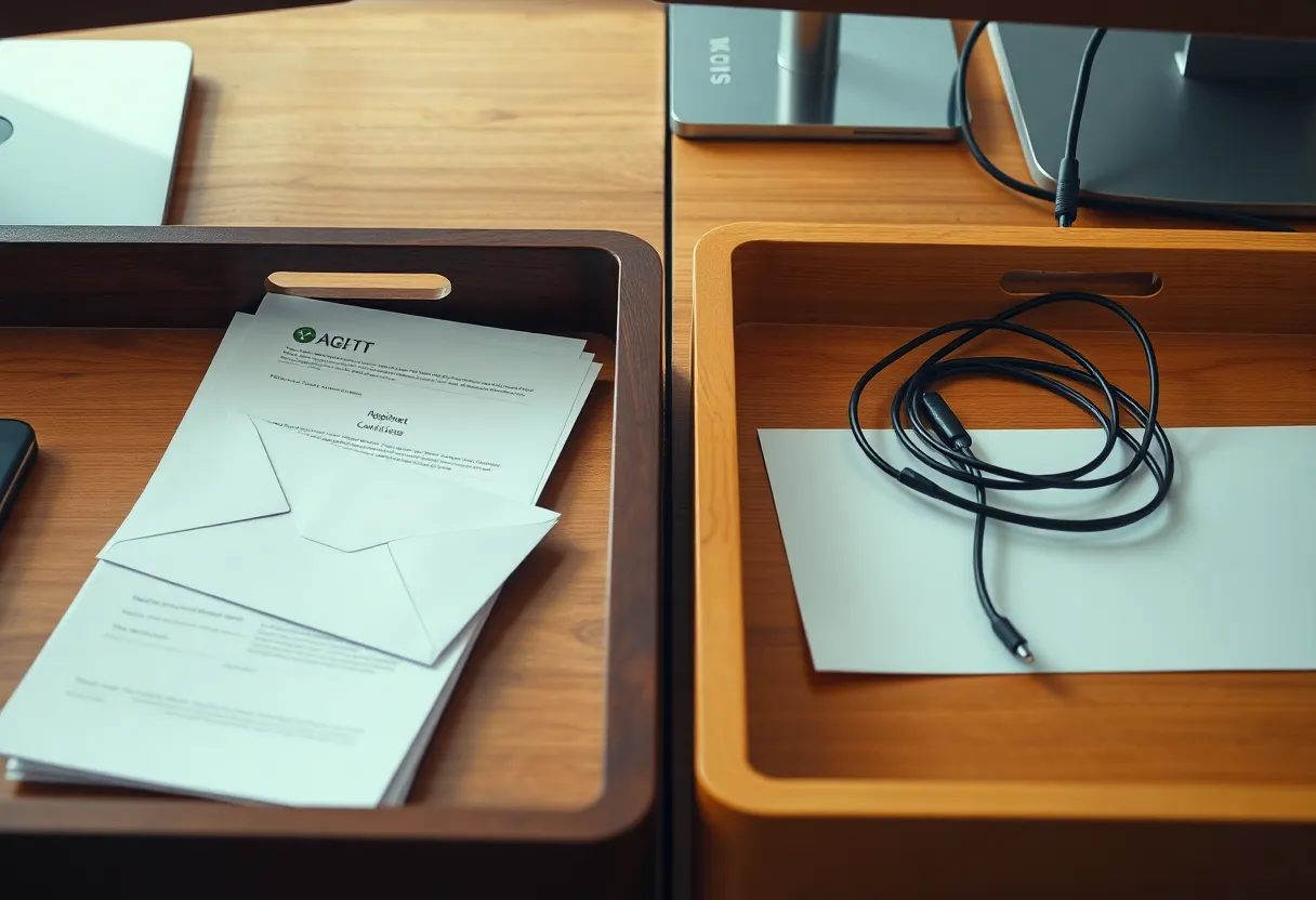An envelope sitting in the wrong tray between a paper tray and a cable tray