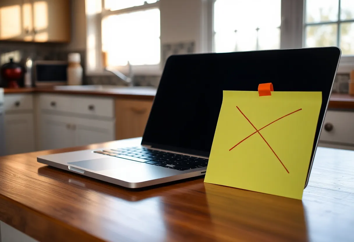 A laptop on a kitchen counter next to a crossed-out sticky note