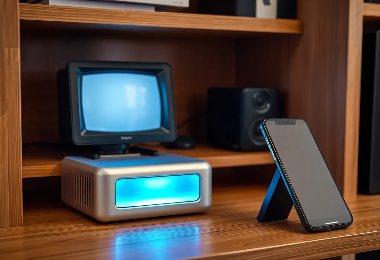 A mini computer and network switch on a shelf with a phone nearby