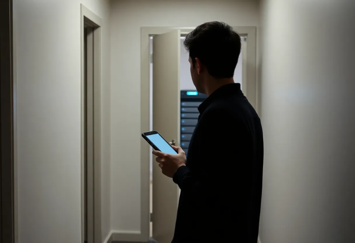 Someone in a hallway with a phone, a server light visible in a closet