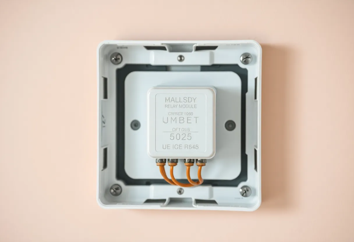 Small white relay module landed in an open light-switch box