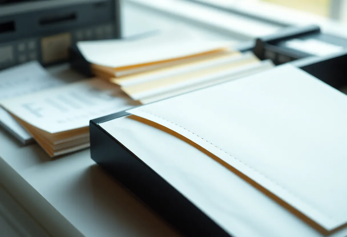 A single envelope on a desk beside a full inbox tray