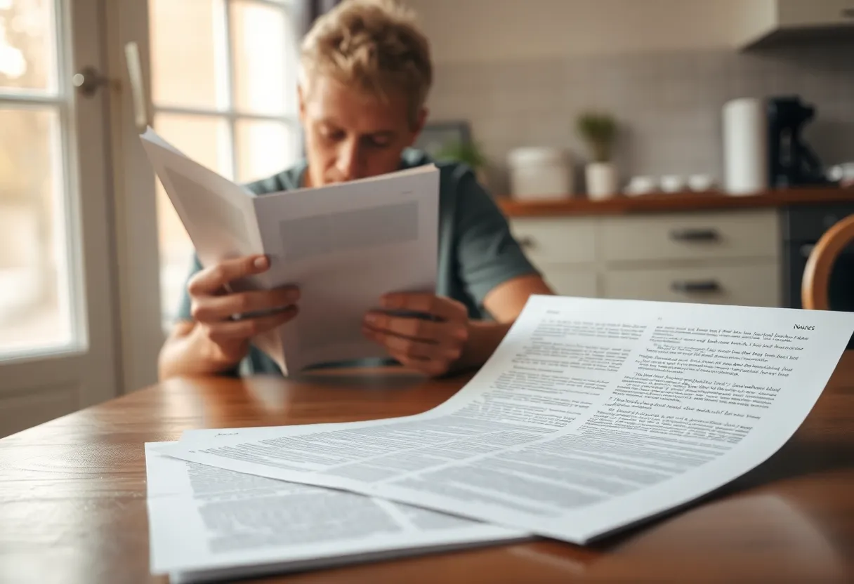 A person reading one page while a long transcript lies face-down on the table