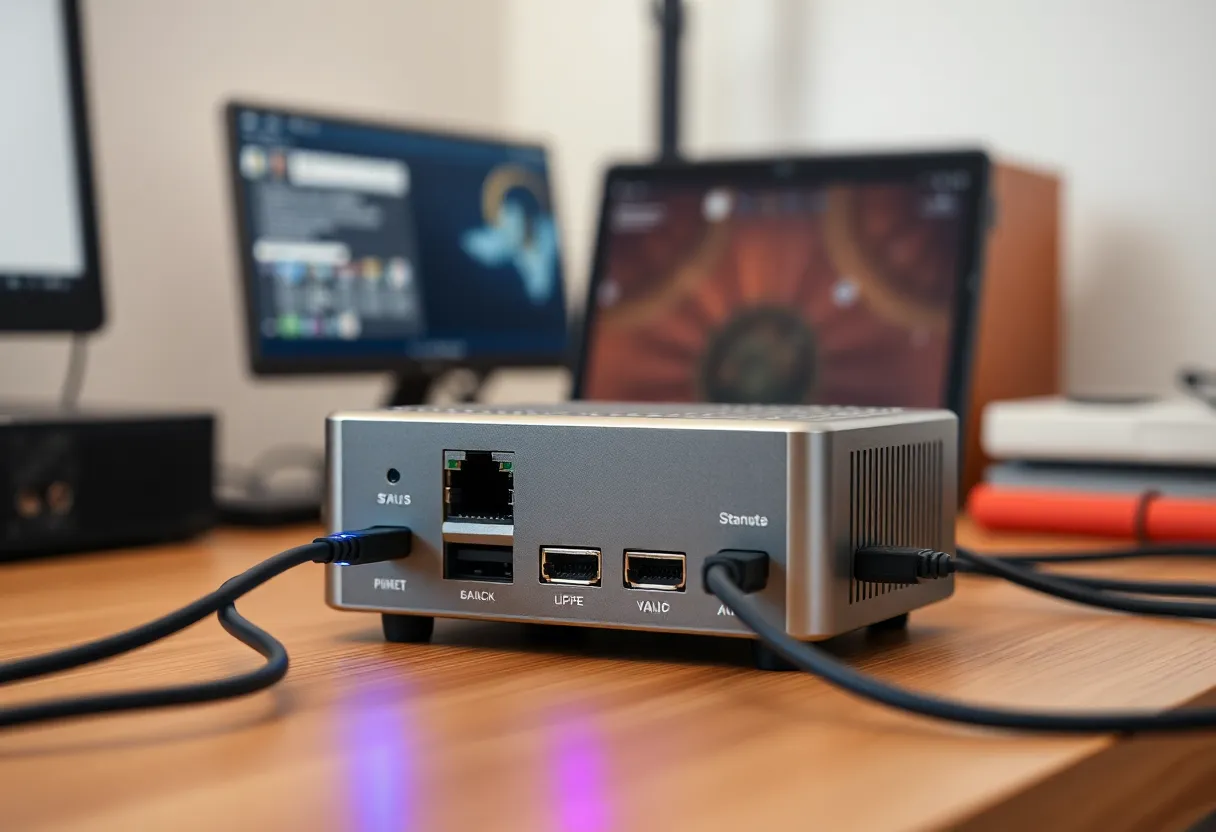 A mini PC with ethernet cables and a status light in a home office