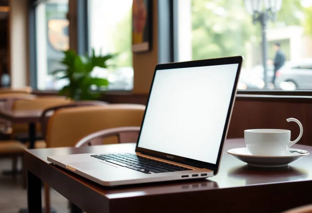 A laptop on a cafe table with a blurred screen