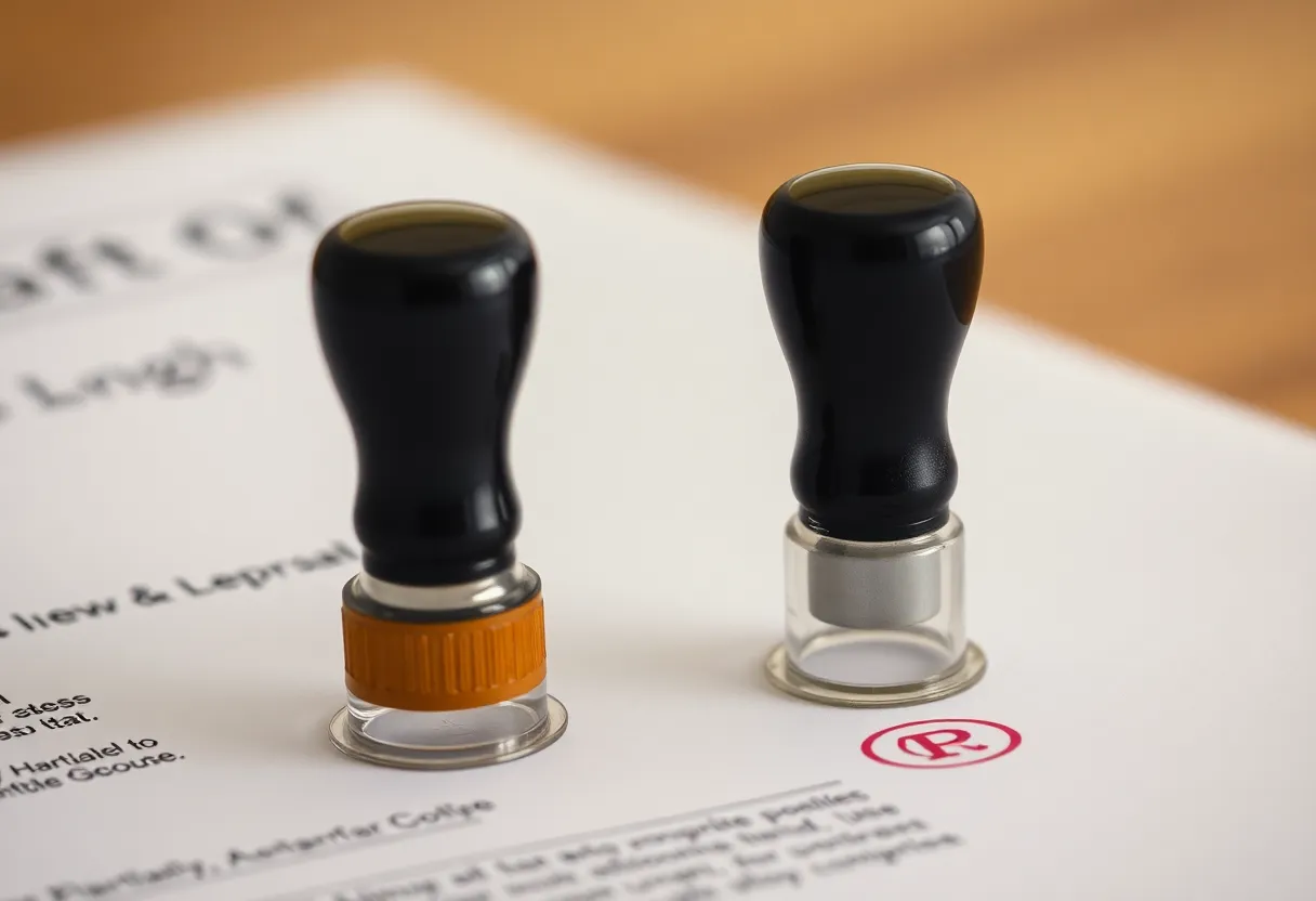 Two identical rubber stamps resting side by side on a document