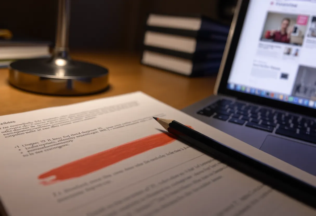 A red pencil mark on a printed page beside a laptop