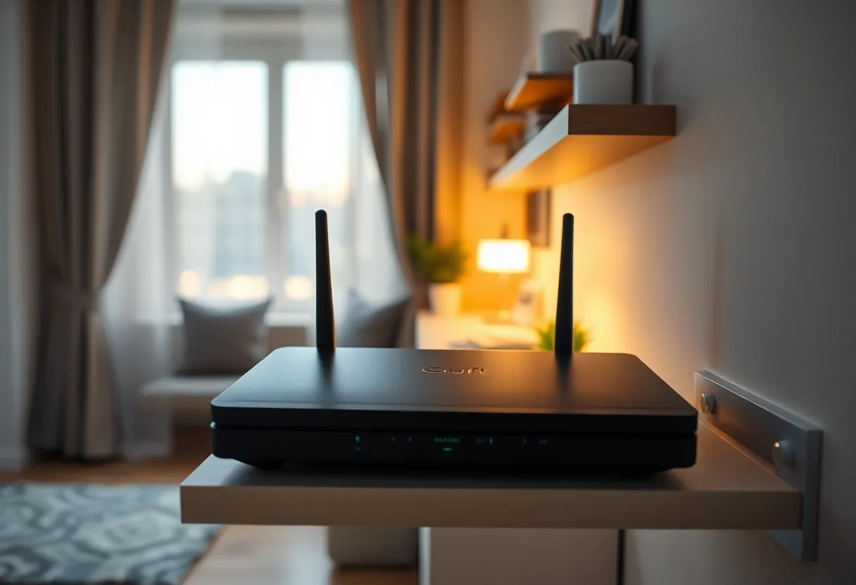 A home Wi-Fi router on a shelf in a small apartment
