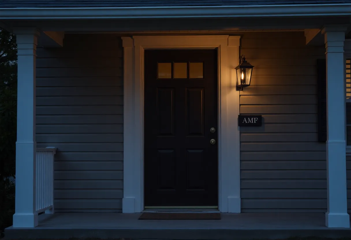A closed front door at dusk with a porch light