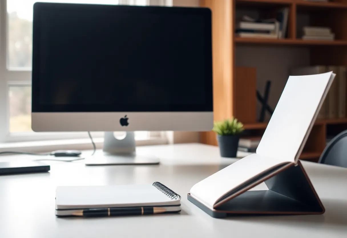 A home office desk with the monitor turned away and a notebook closed