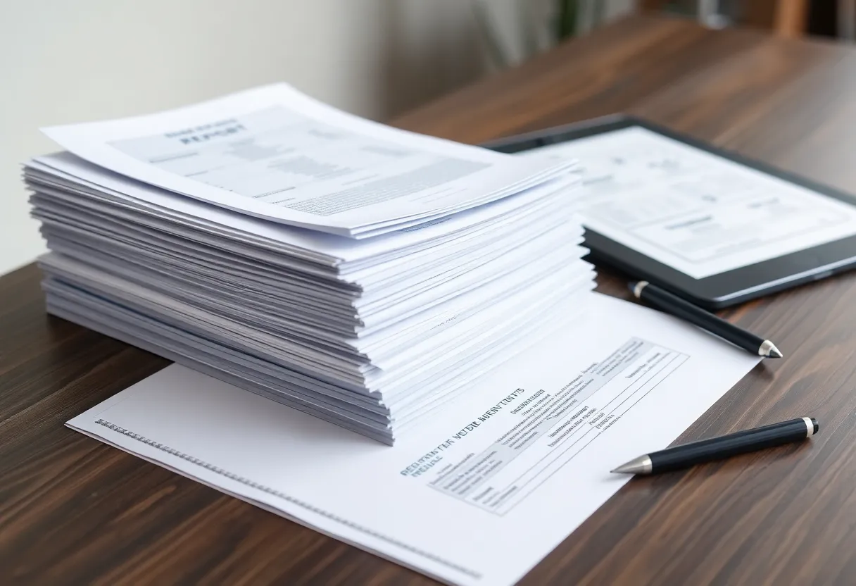 A stack of thick reports beside an e-ink tablet and a pen