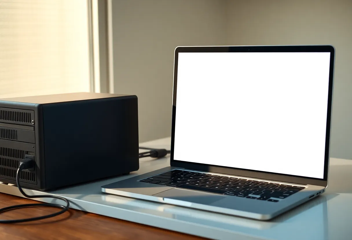 A blank laptop beside an unplugged network storage box