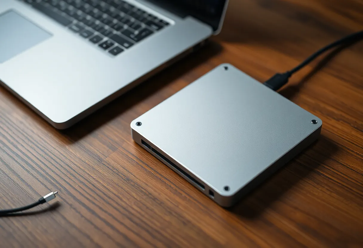 An external hard drive and a cable on a wooden table