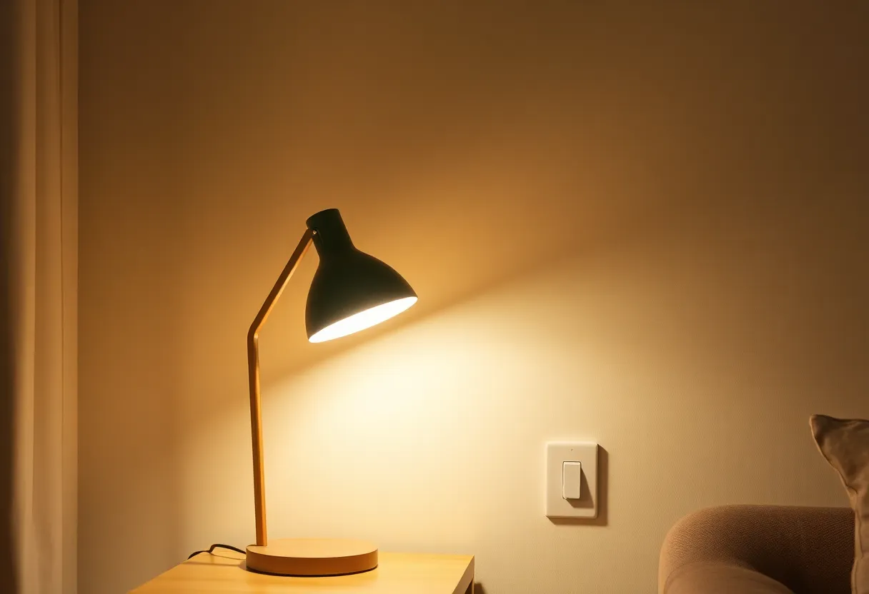 A table lamp switched on next to a plain wall switch