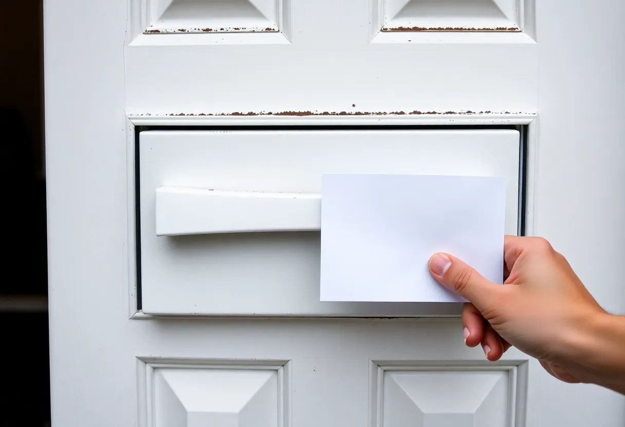 A hand holding a letter back from a mailbox slot
