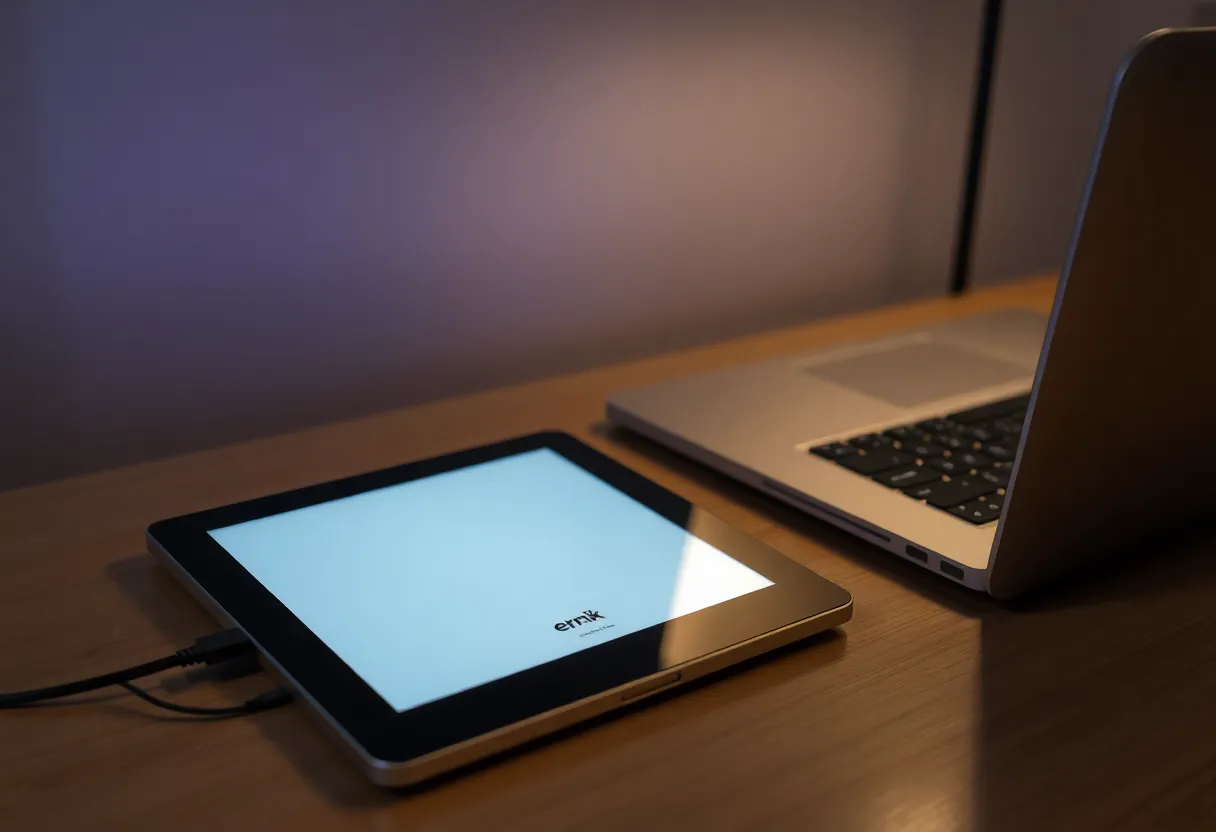 An e-ink tablet linked to a laptop only by a USB cable